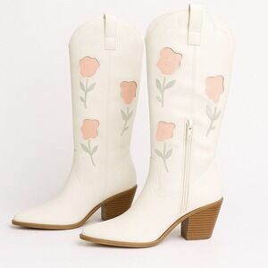 Dixie Floral Western Cowboy Boots Size 9.5 Off-White